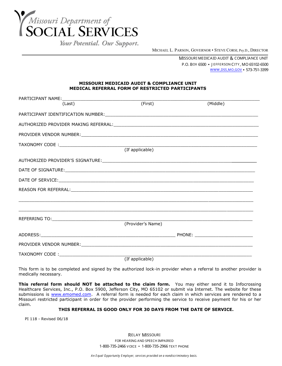 Form PI118 Medical Referral Form of Restricted Participants - Missouri, Page 1