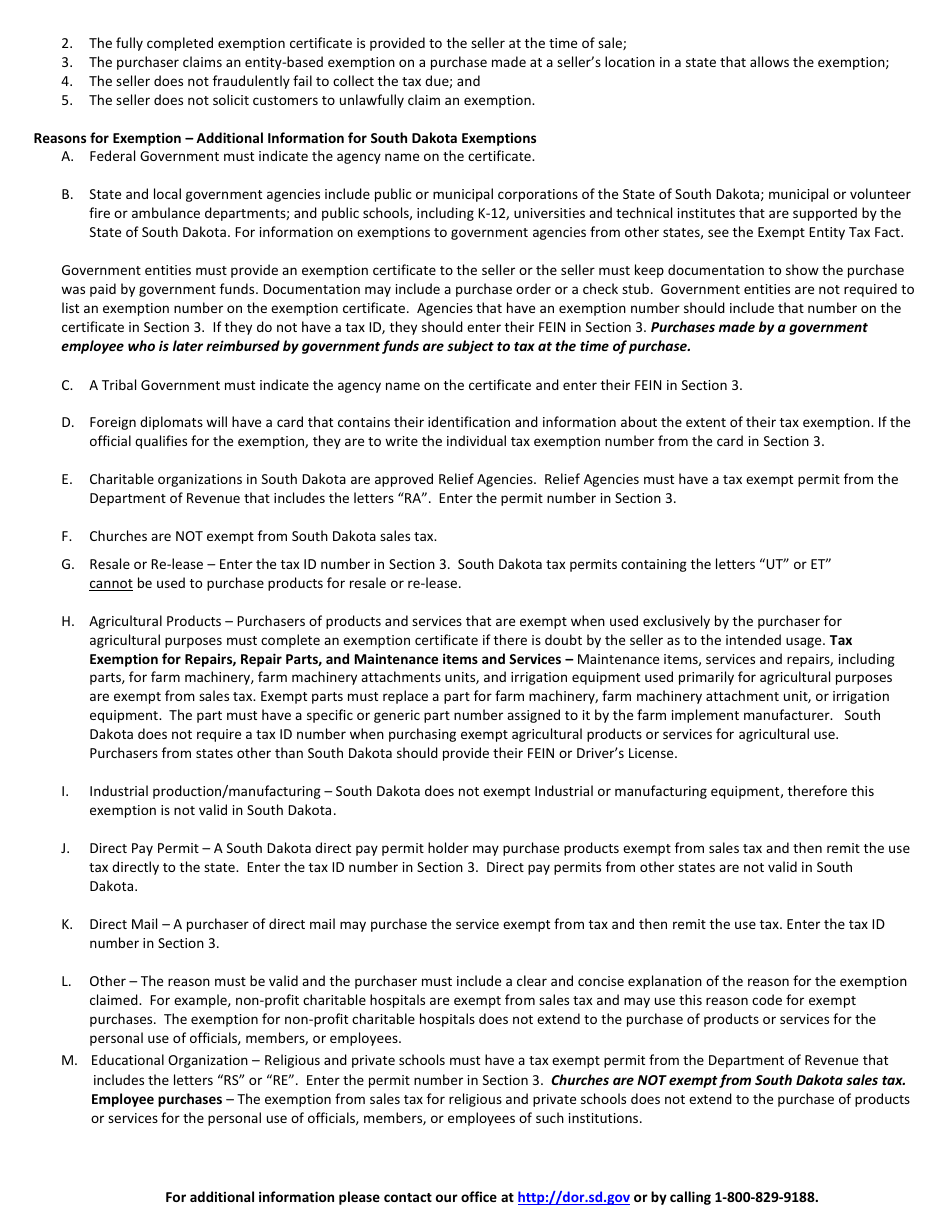 Form 1932 Certificate of Exemption - Streamlined Sales and Use Tax Agreement - South Dakota, Page 4