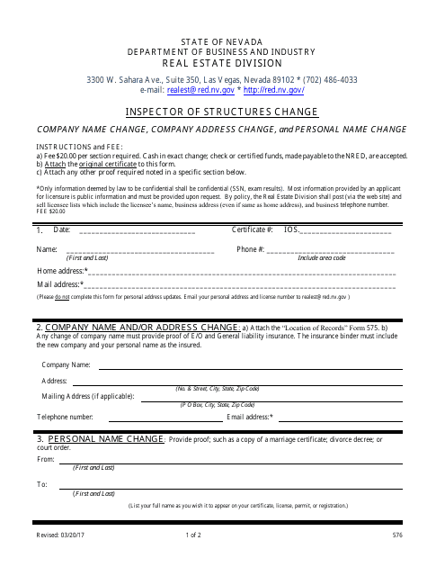Form 576 Inspector of Structures Change - Nevada