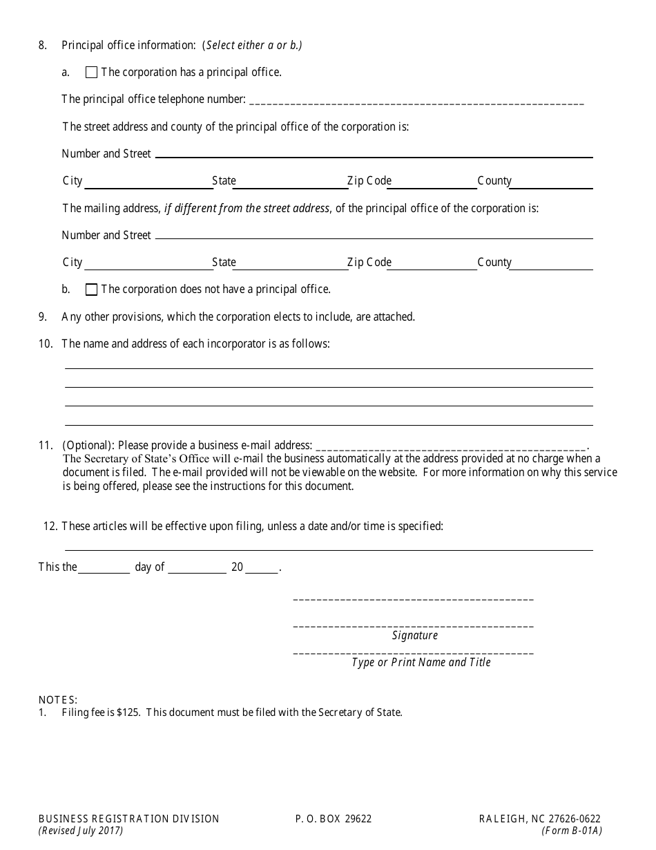 Form B-01A Articles of Incorporation Including Articles of Conversion - North Carolina, Page 2