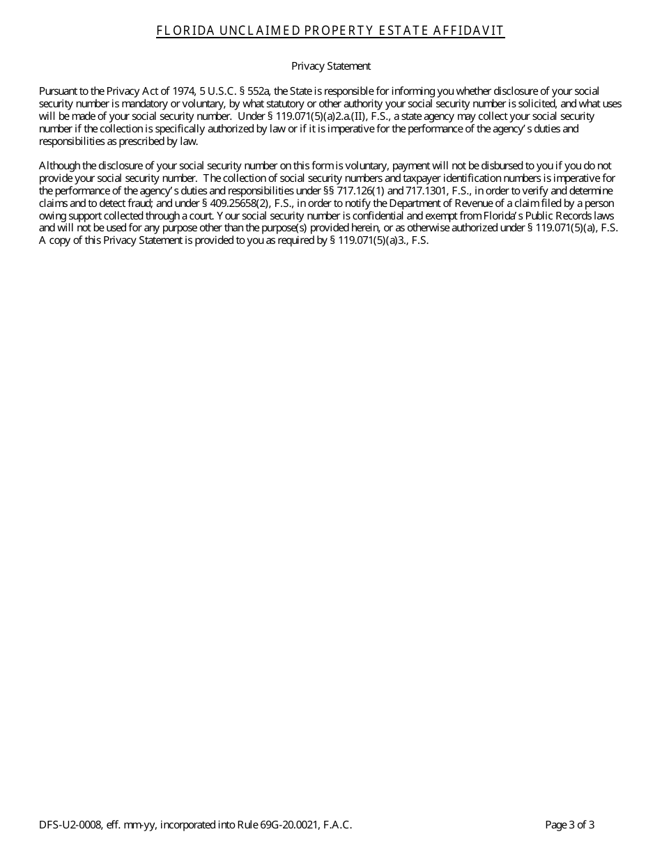 Form DFS-U2-0008 Florida Unclaimed Property Estate Affidavit - Florida, Page 3