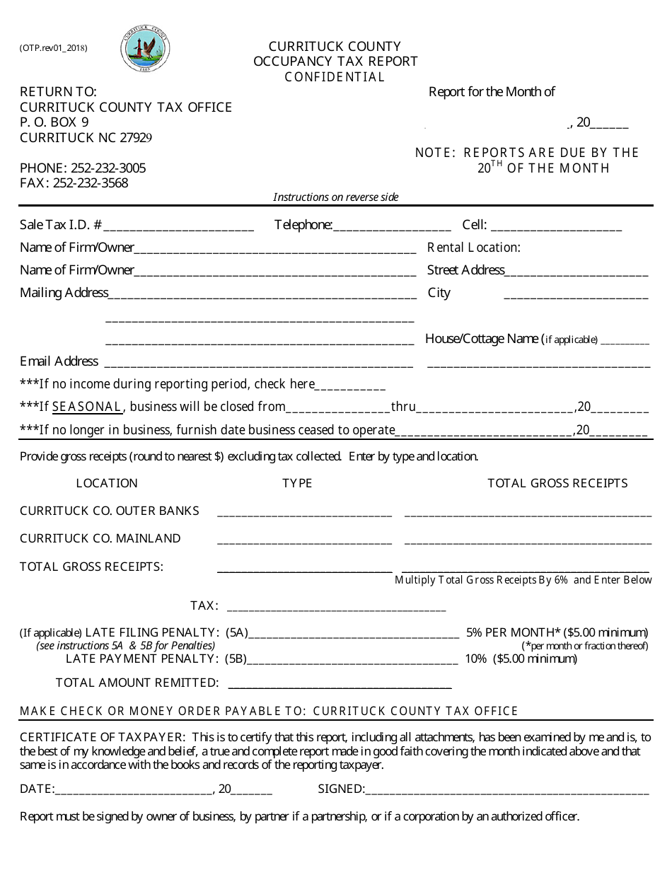 Occupancy Tax Report Form - Currituck county, North Carolina, Page 1