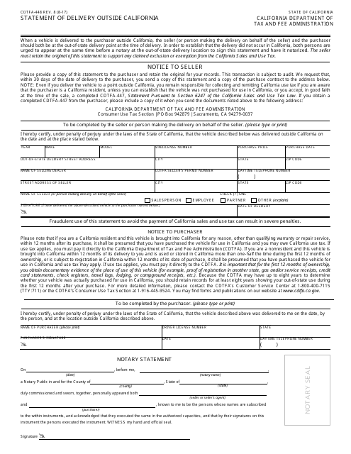Form CDTFA-448 Statement of Delivery Outside California - California