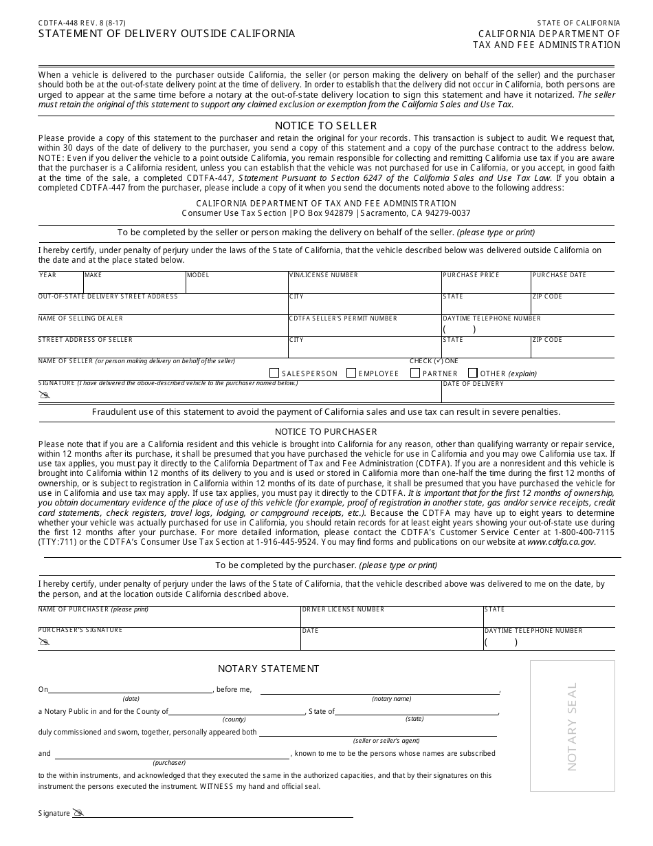 Form CDTFA-448 Statement of Delivery Outside California - California, Page 1
