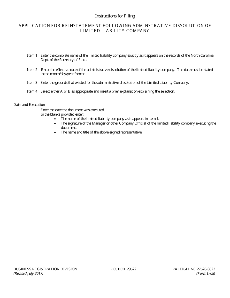 Form L-08 Application for Reinstatement Following Administrative Dissolution of Limited Liability Company - North Carolina, Page 1