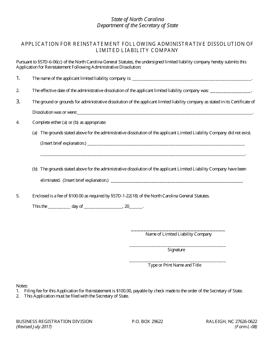 Form L-08 - Fill Out, Sign Online and Download Fillable PDF, North ...