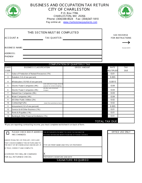 Business and Occupation Tax Return Form - West Virginia