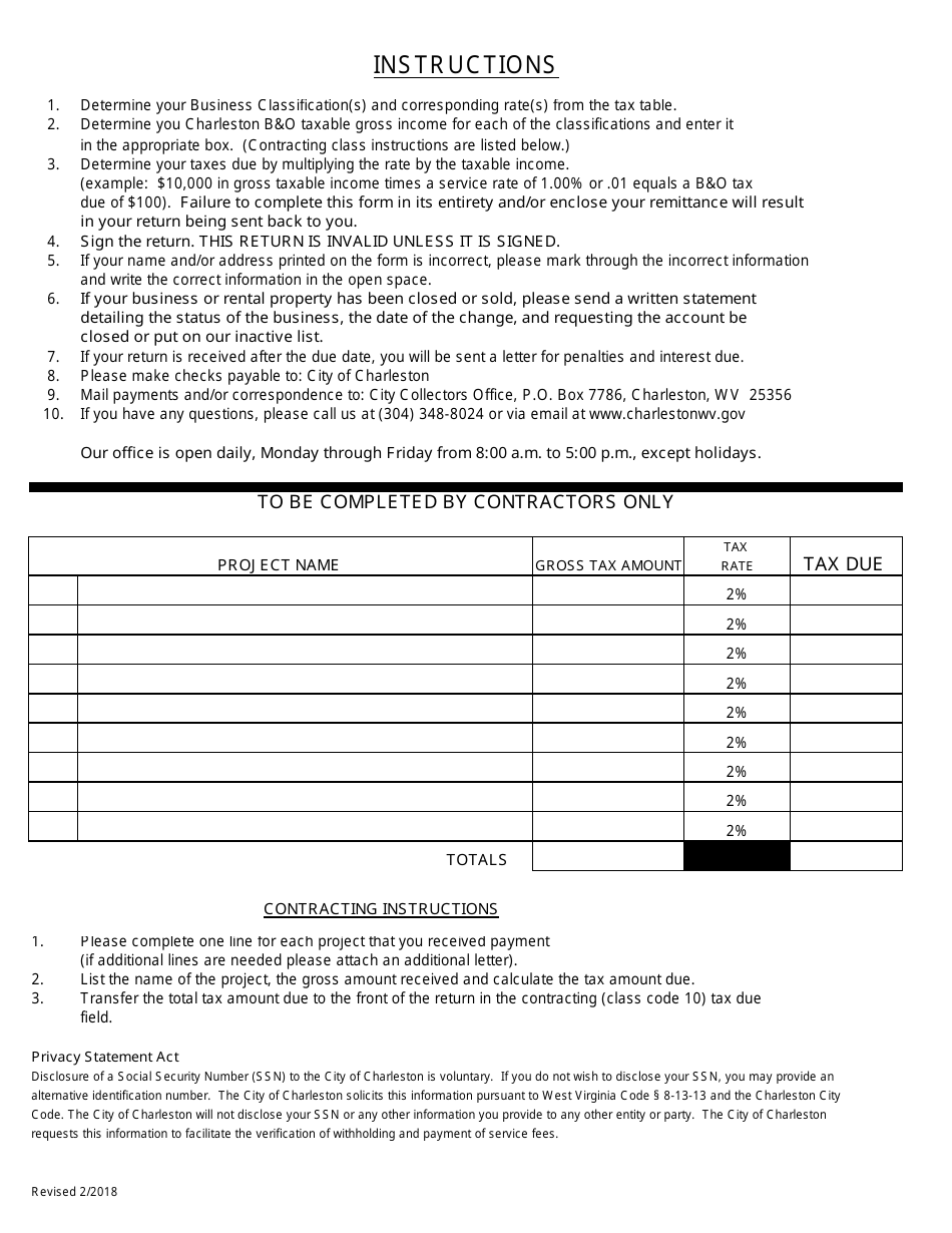 Business and Occupation Tax Return Form - West Virginia, Page 2