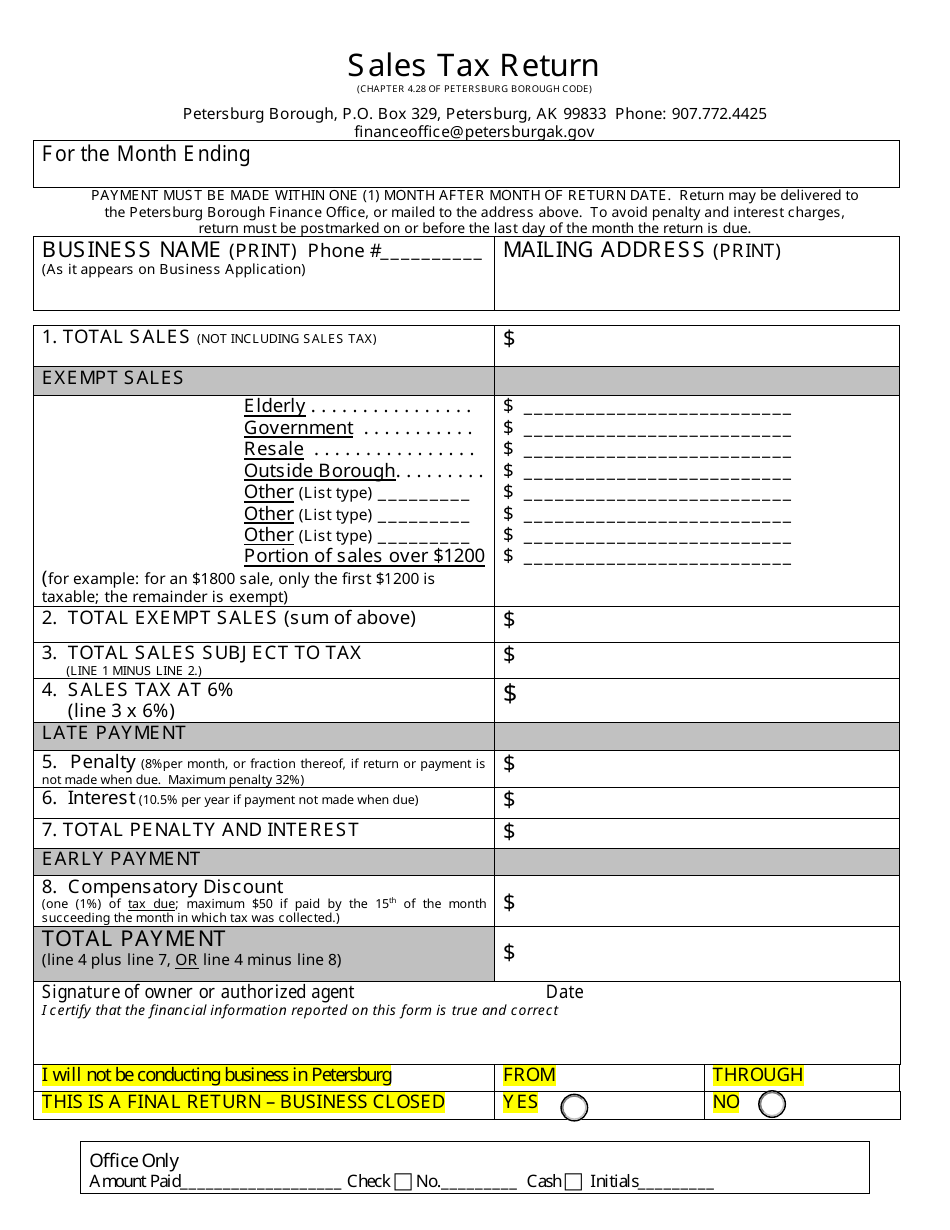 Sales Tax Return - Petersburg Borough, Alaska, Page 1