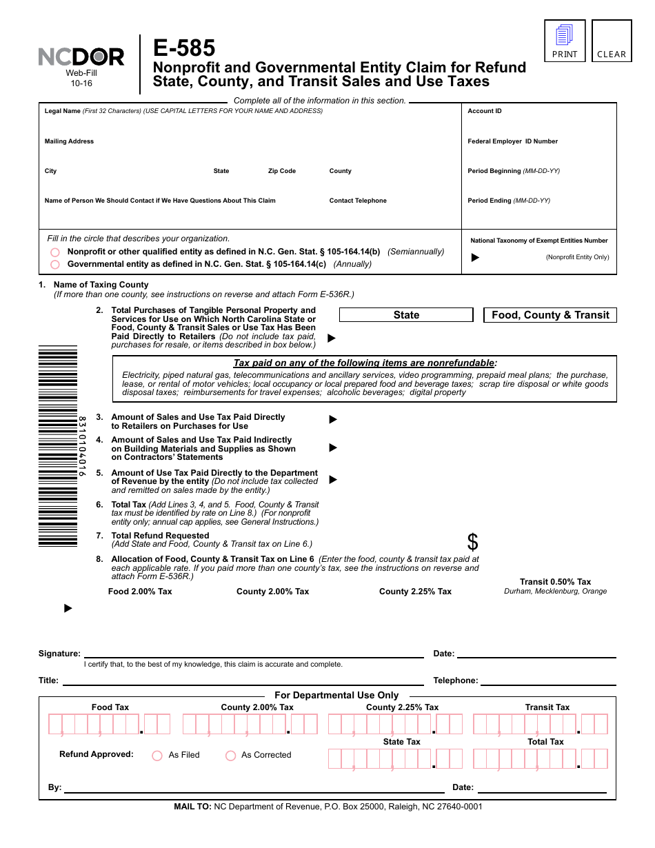 Form E-585 Nonprofit and Governmental Entity Claim for Refund State, County, and Transit Sales and Use Taxes - North Carolina, Page 1
