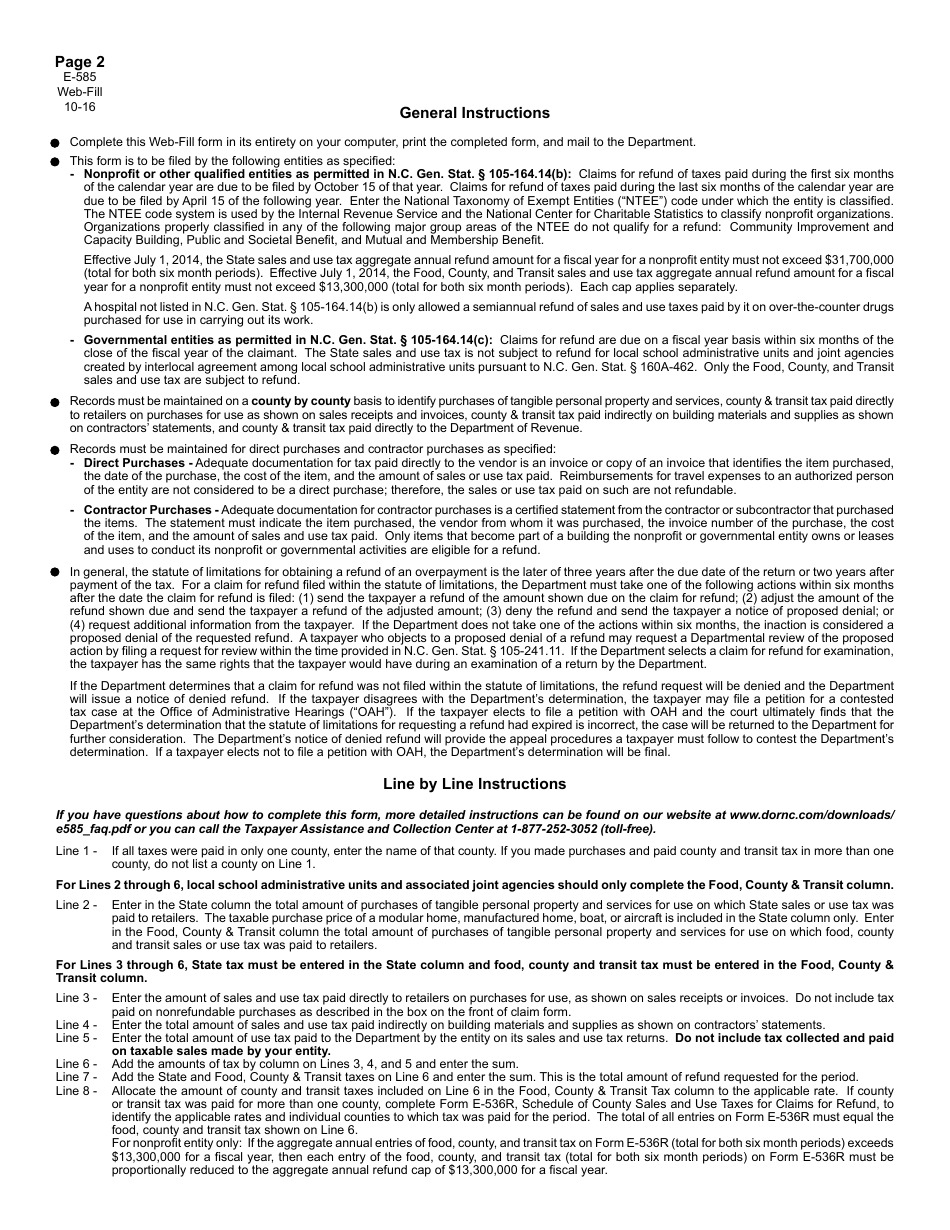 Form E-585 Nonprofit and Governmental Entity Claim for Refund State, County, and Transit Sales and Use Taxes - North Carolina, Page 2