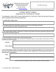 Document preview: Application for Certificate of Transfer - Limited Liability Company - Wyoming