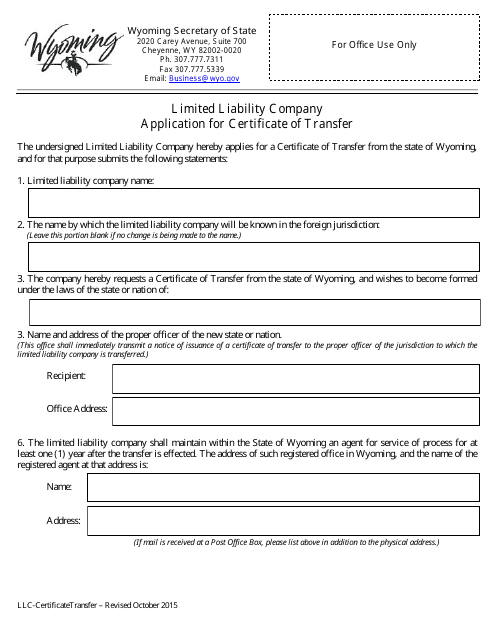 Application for Certificate of Transfer - Limited Liability Company - Wyoming