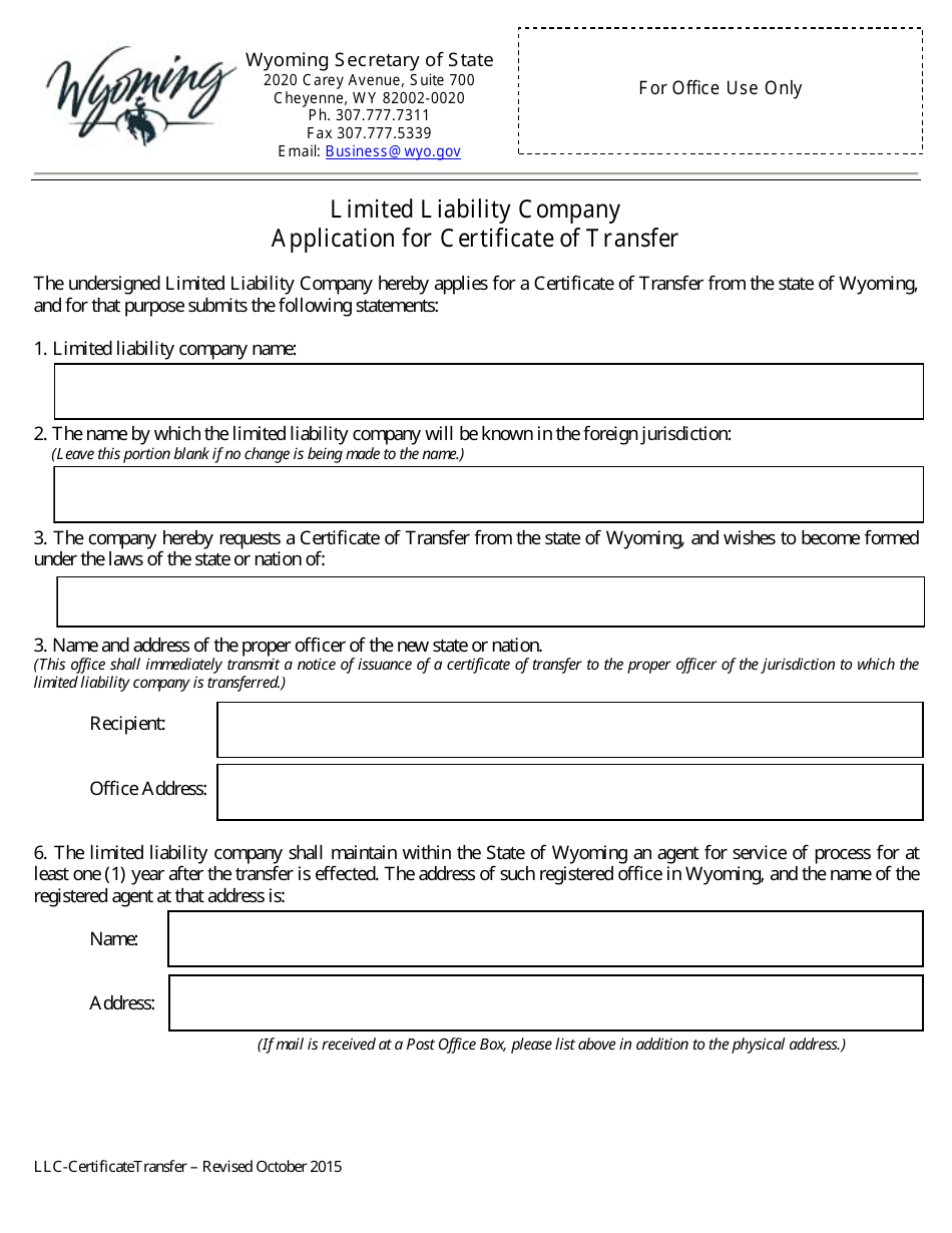 Application for Certificate of Transfer - Limited Liability Company - Wyoming, Page 1