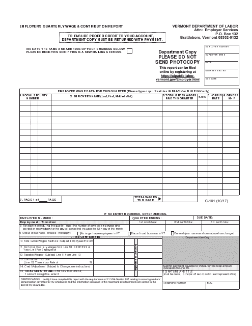 DOL Form C-101 Employer's Quarterly Wage & Contribution Report - Vermont