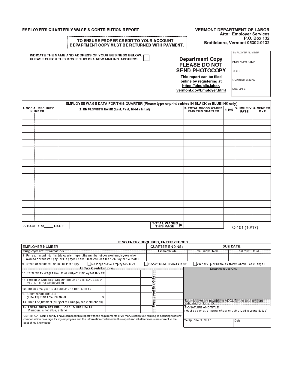 DOL Form C-101 Employers Quarterly Wage  Contribution Report - Vermont, Page 1