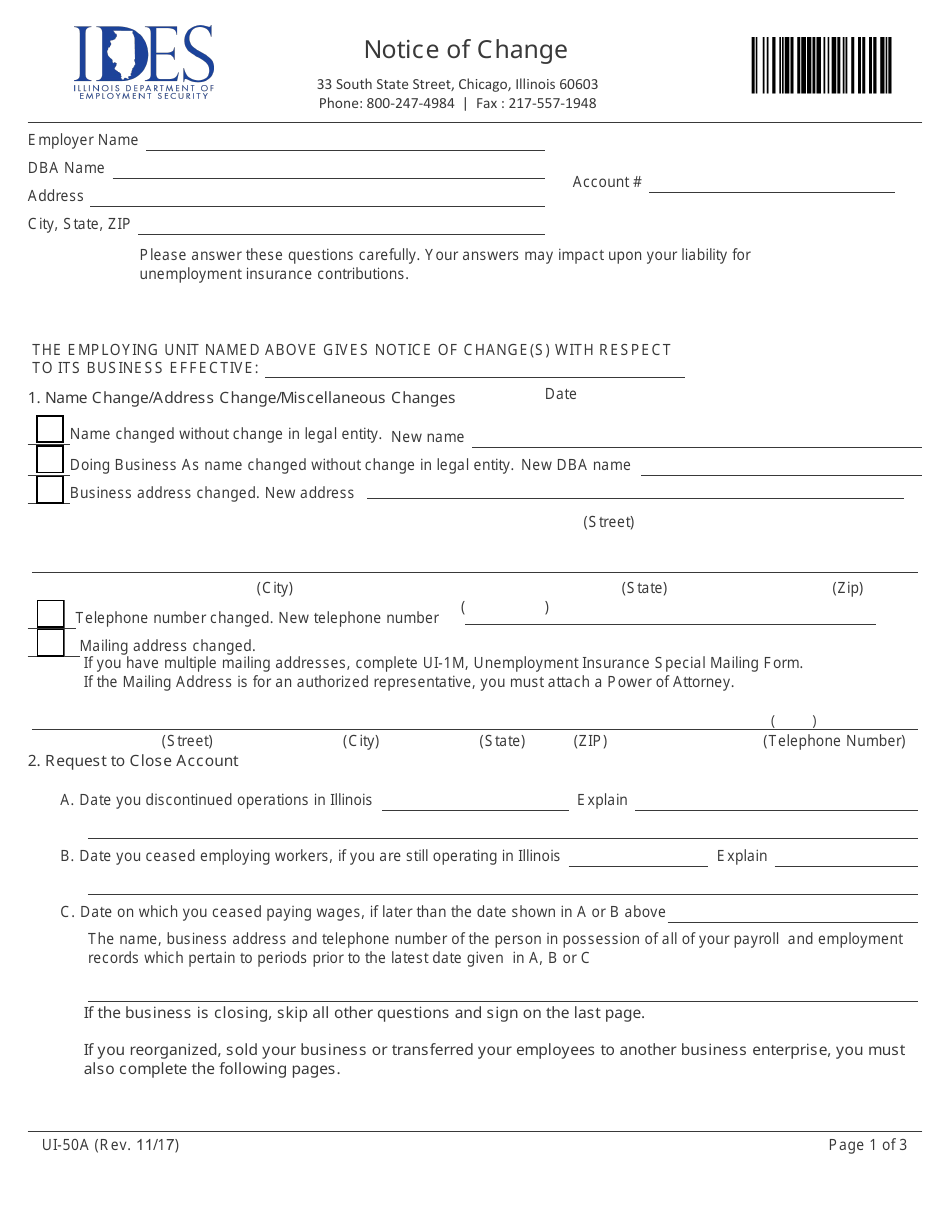 Form UI-50A Notice of Change - Illinois, Page 1