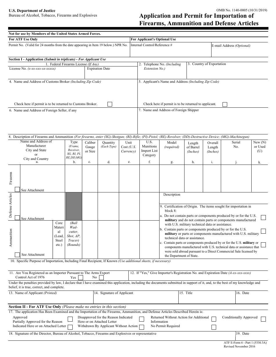 ATF Form 6 (5330.3A) Part 1 Application and Permit for Importation of Firearms, Ammunition and Defense Articles, Page 1