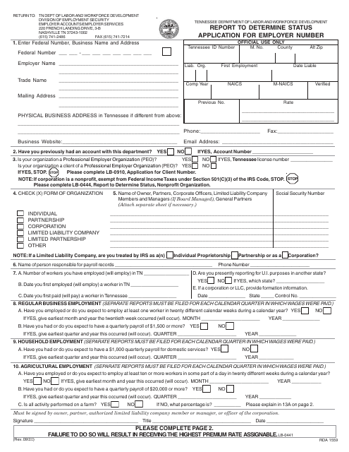 Form RDA1559 Report to Determine Status Application for Employer Number - Tennessee