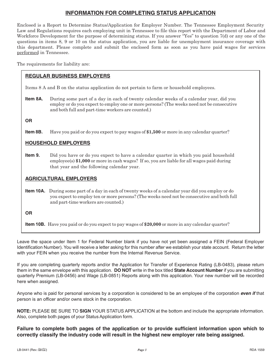 Form RDA1559 Report to Determine Status Application for Employer Number - Tennessee, Page 3