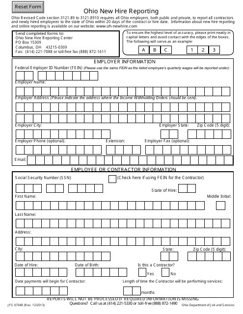 Form JFS07048 Download Fillable PDF Or Fill Online Ohio New Hire 