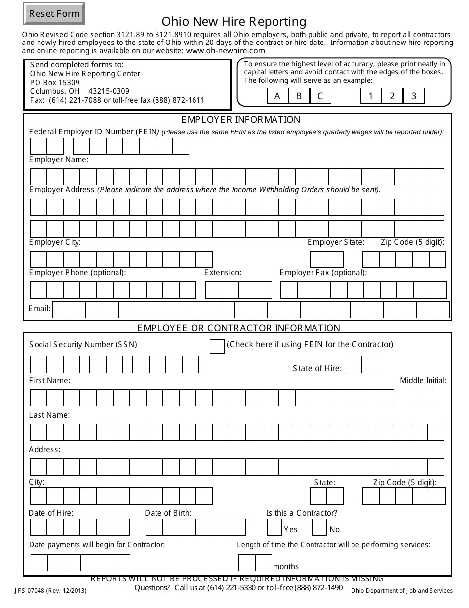 Form JFS07048 Ohio New Hire Reporting - Ohio, Page 1