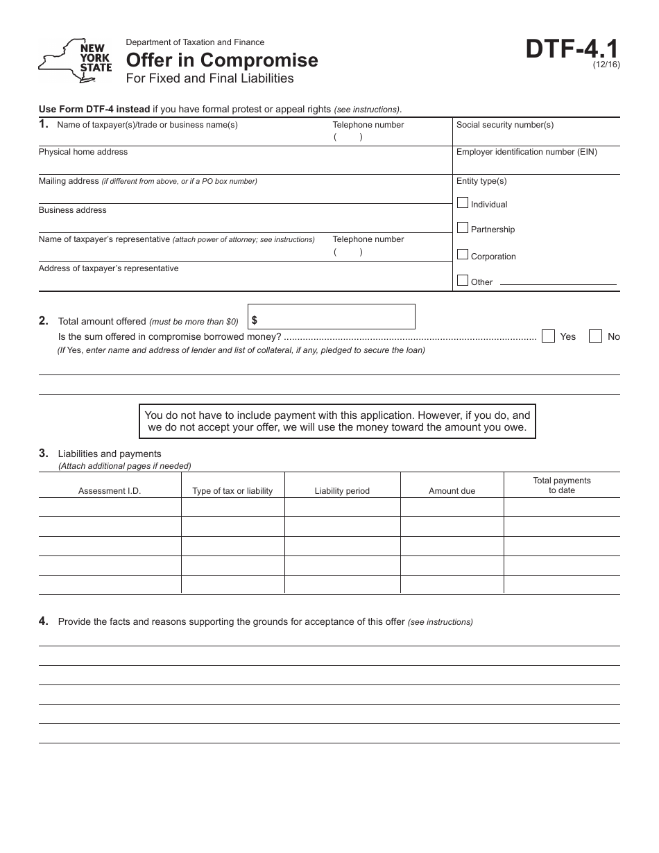 Form DTF-4.1 Offer in Compromise for Fixed and Final Liabilities - New York, Page 1