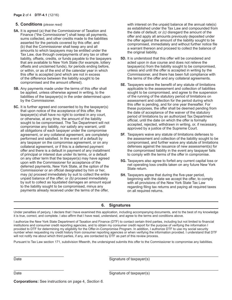Form DTF-4.1 Offer in Compromise for Fixed and Final Liabilities - New York, Page 2