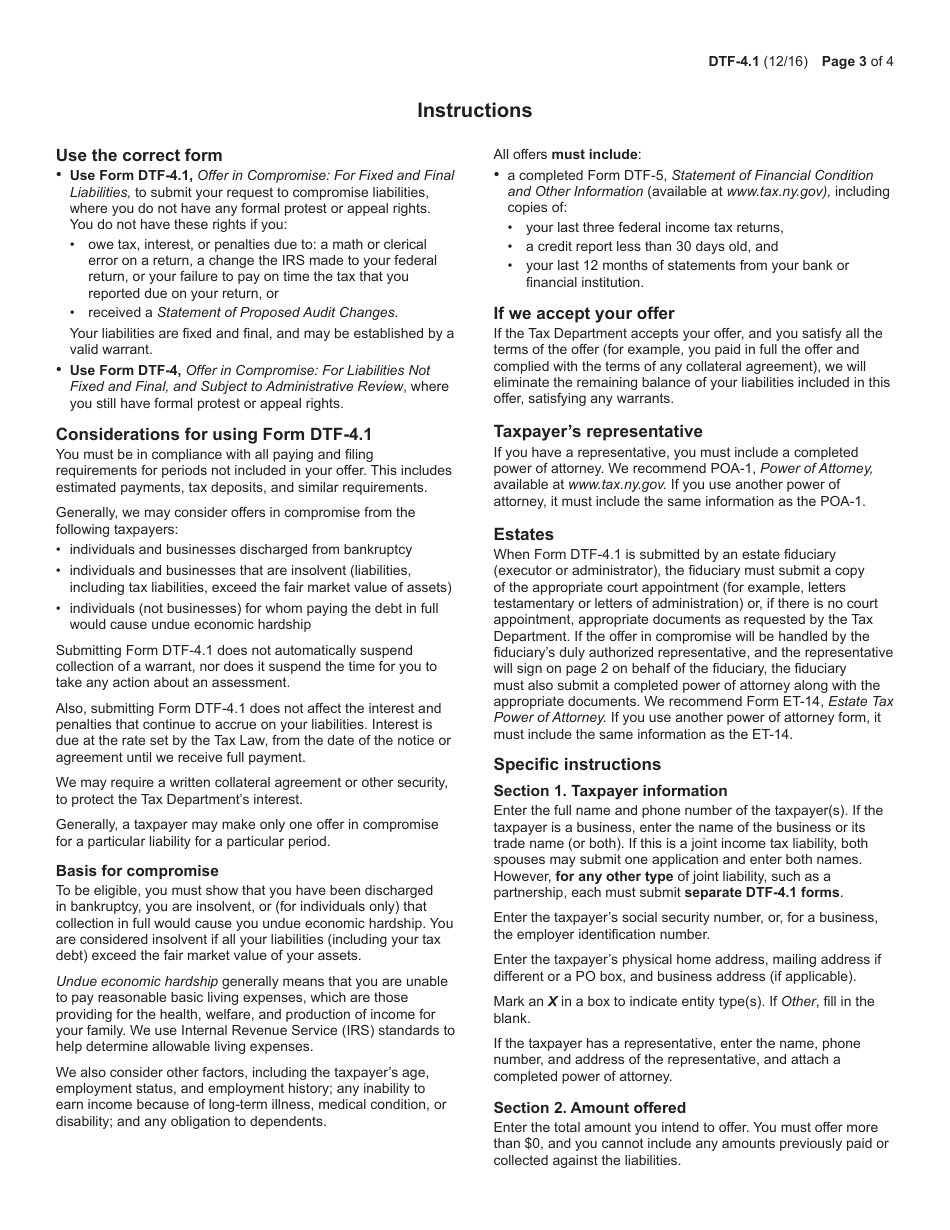 Form DTF-4.1 Offer in Compromise for Fixed and Final Liabilities - New York, Page 3