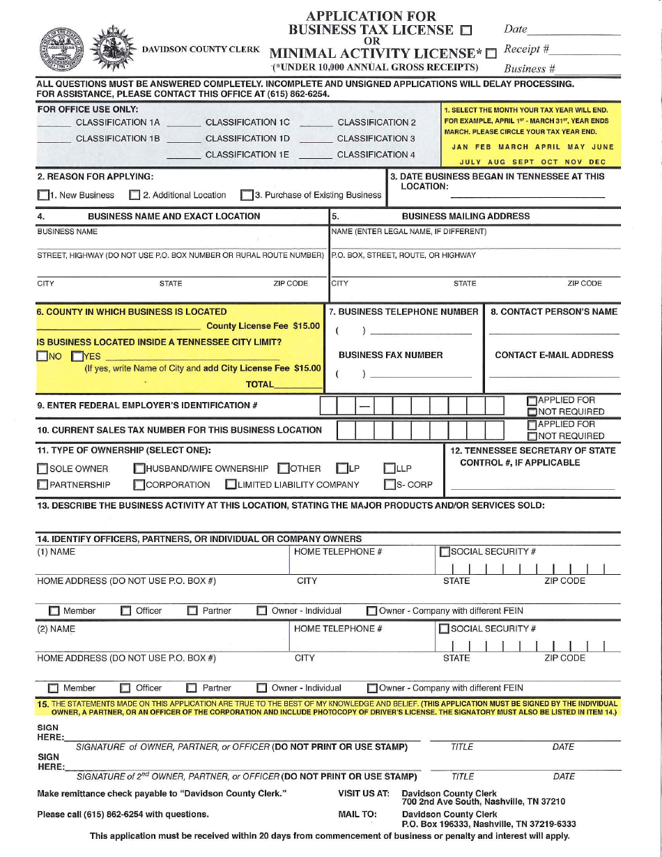Application for Business Tax License or Minimal Activity License - Davidson county, Tennessee, Page 1