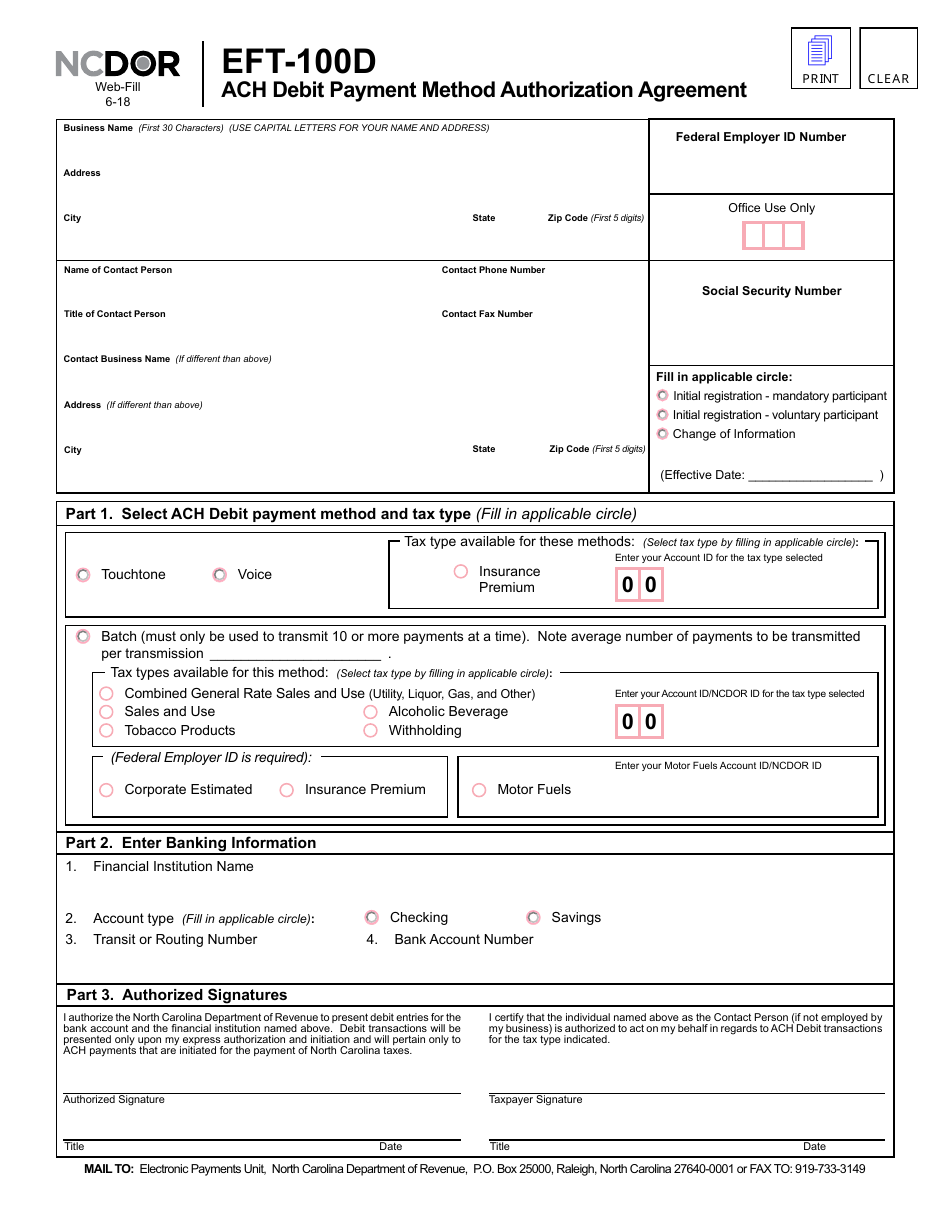 Form EFT-100D ACH Debit Payment Method Authorization Agreement - North Carolina, Page 1