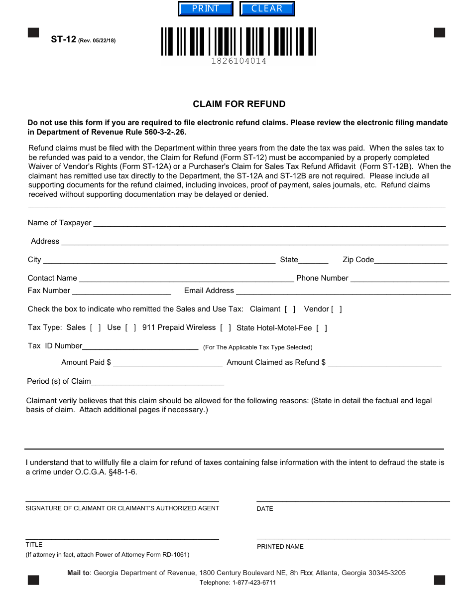 Form ST-12 Claim for Refund - Georgia (United States), Page 1