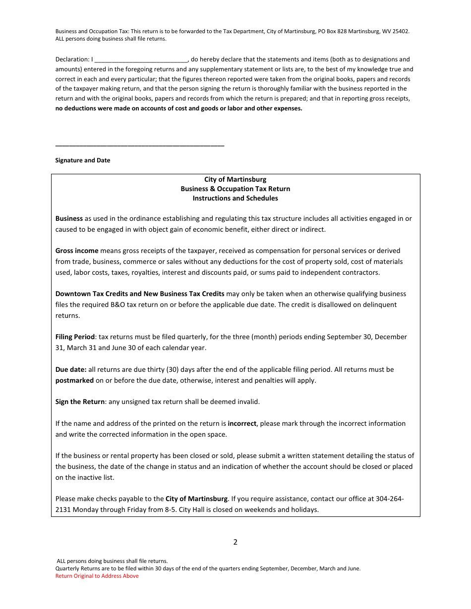 West Virginia Quarterly Return - Business and Occupation (Gross ...