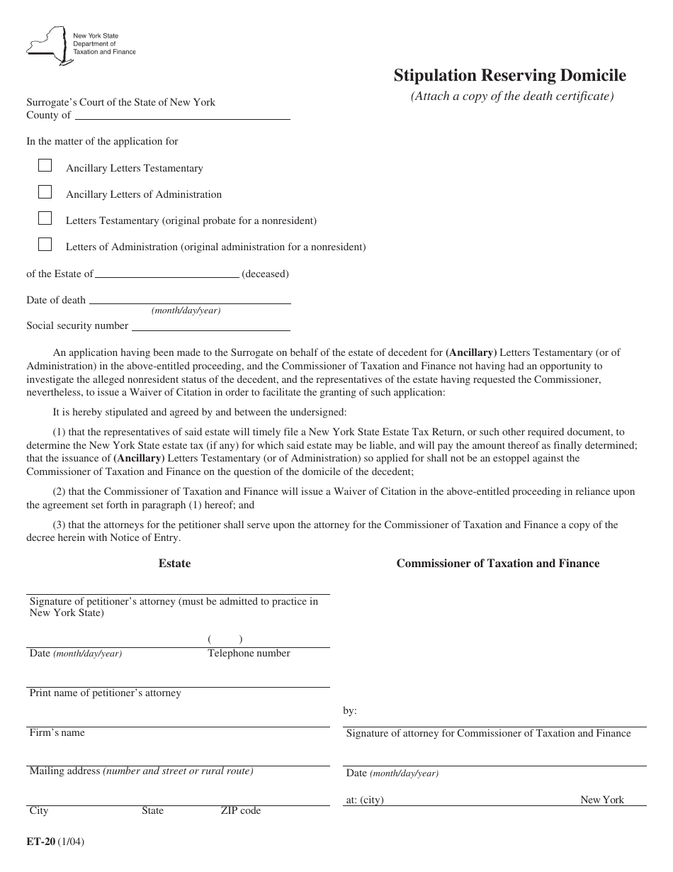 Form ET-20 Stipulation Reserving Domicile - New York, Page 1