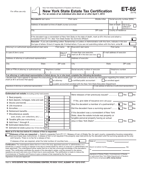 Form ET-85 New York State Estate Tax Certification - New York