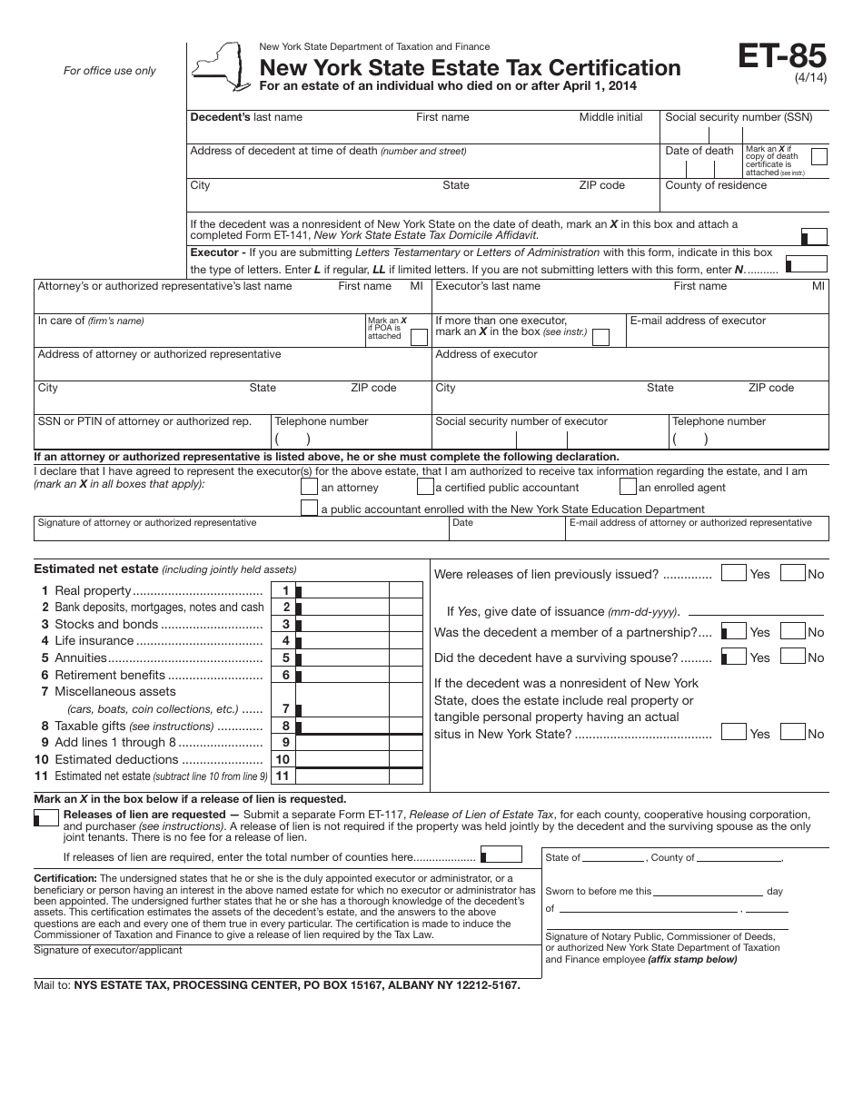 Form ET-85 New York State Estate Tax Certification - New York, Page 1