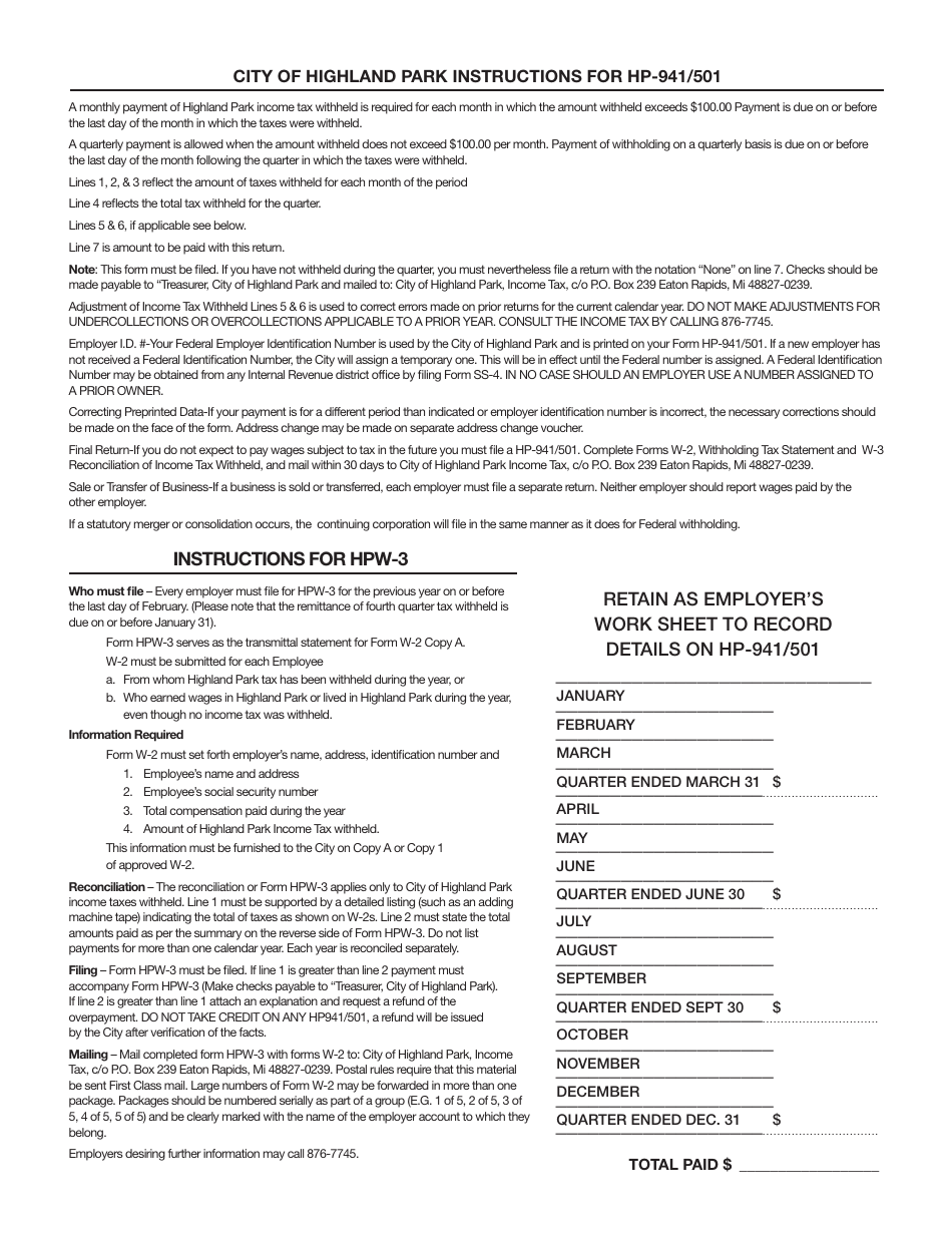 Instructions for Form HP-941, HP-501, HPW-3 - City of Highland Park, Michigan, Page 1
