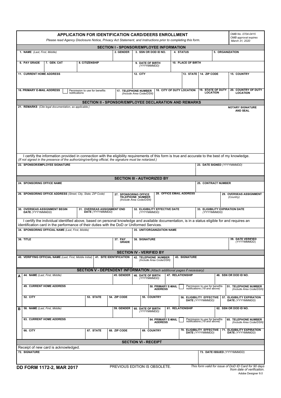 DD Form 1172-2 Application for Identification Card / DEERS Enrollment, Page 1