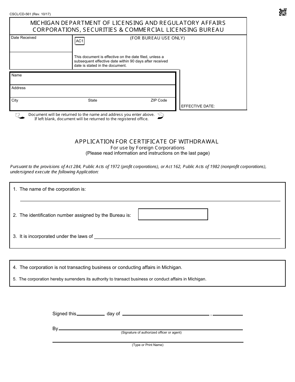 Form CSCL/CD-561 Application for Certificate of Withdrawal - for Use by Foreign Corporations - Michigan, Page 1