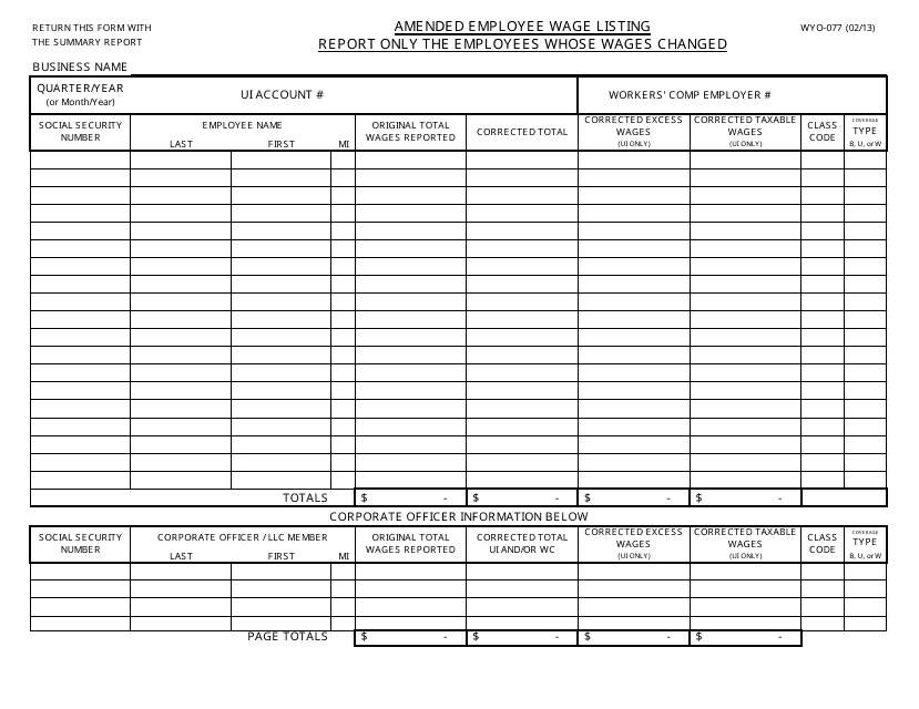 Form WYO-077 Amended Employee Wage Listing - Wyoming