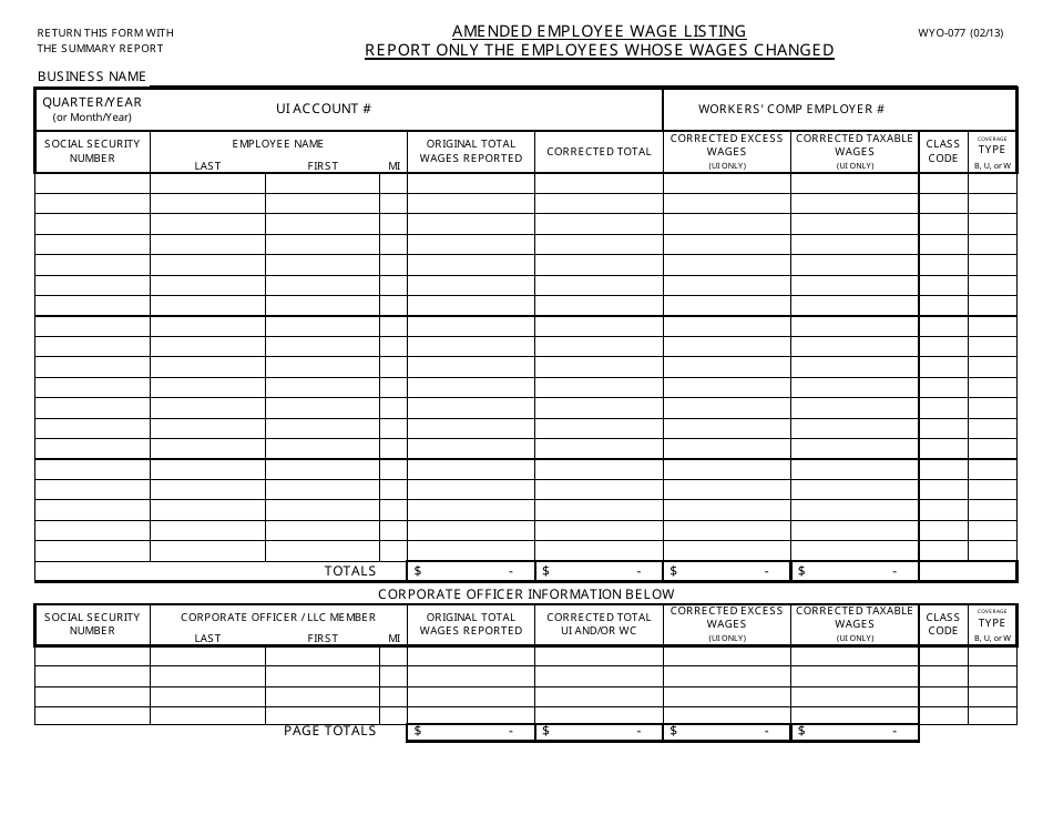 Form WYO-077 Amended Employee Wage Listing - Wyoming, Page 1