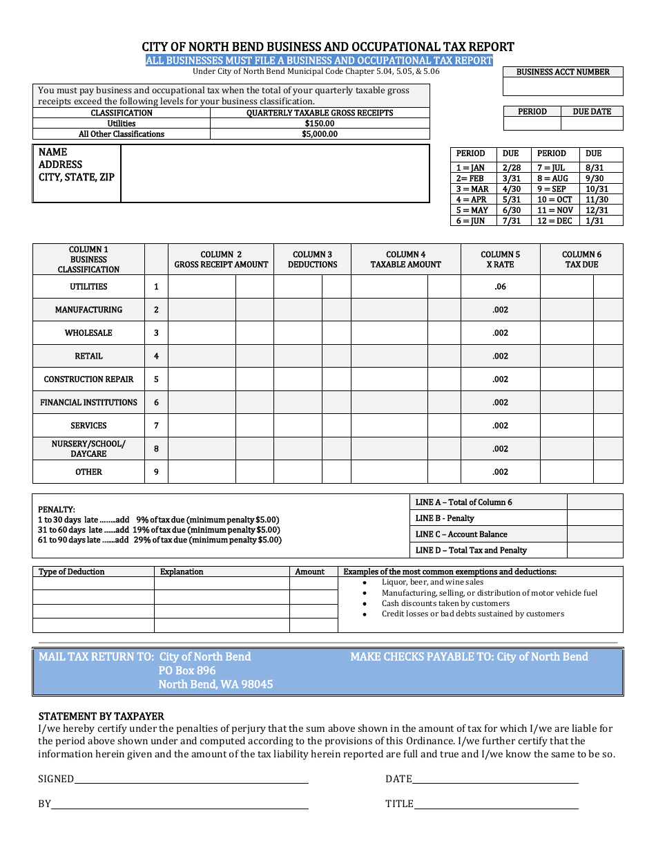 Business and Occupational Tax Report Form - City of North Bend, Washington, Page 1