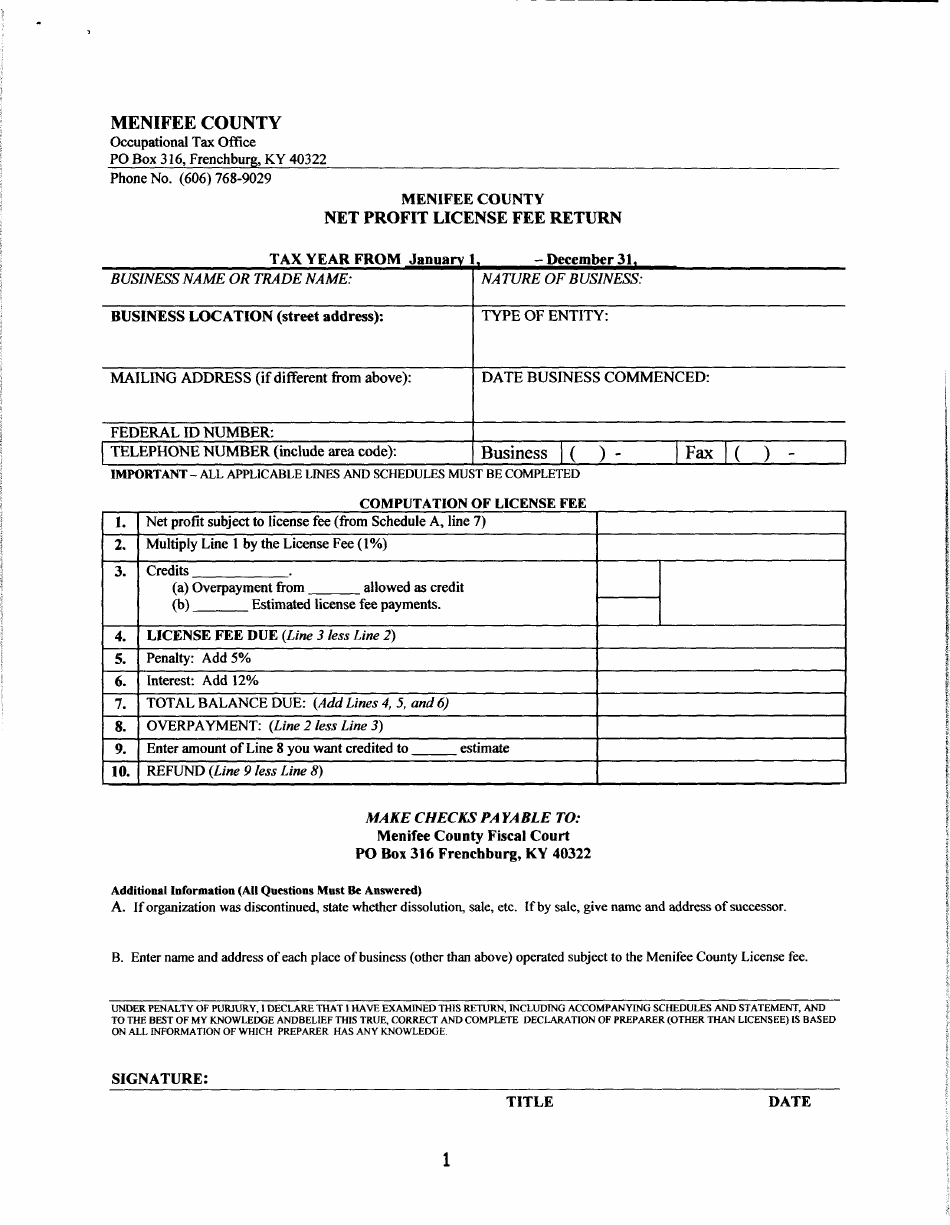Net Profit License Fee Return Form - Menifee county, Kentucky, Page 1