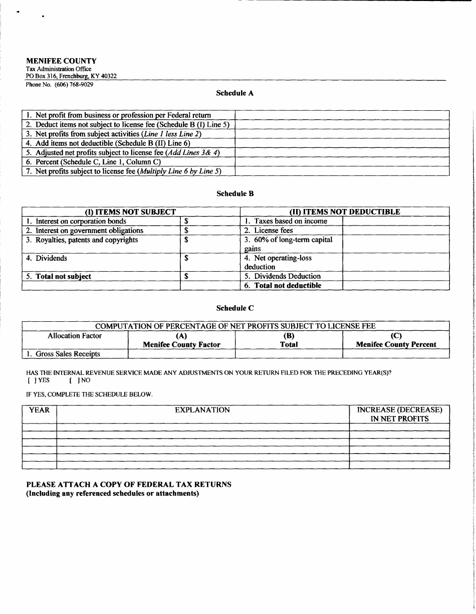 Net Profit License Fee Return Form - Menifee county, Kentucky, Page 2