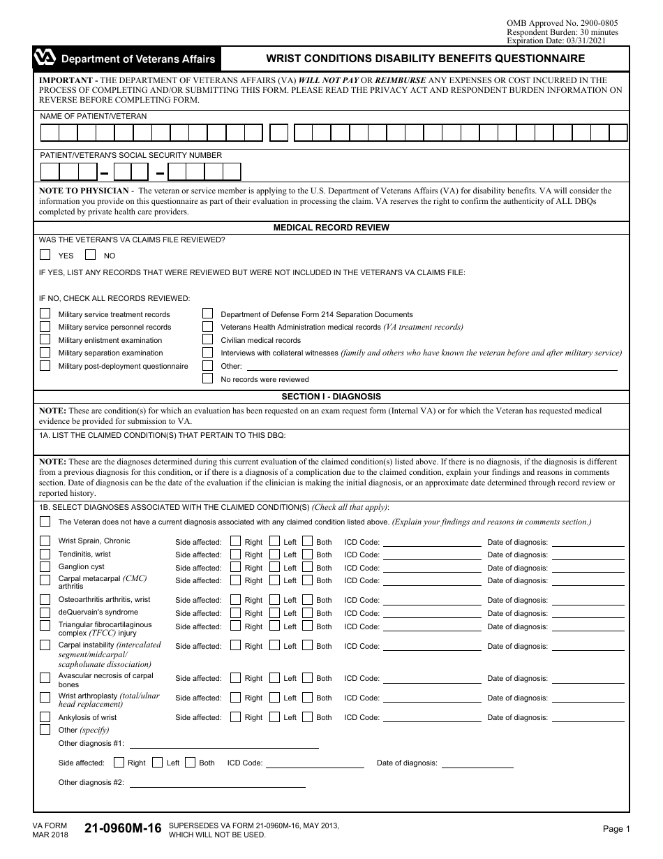VA Form 21-0960M-16 Wrist Conditions Disability Benefits Questionnaire, Page 1