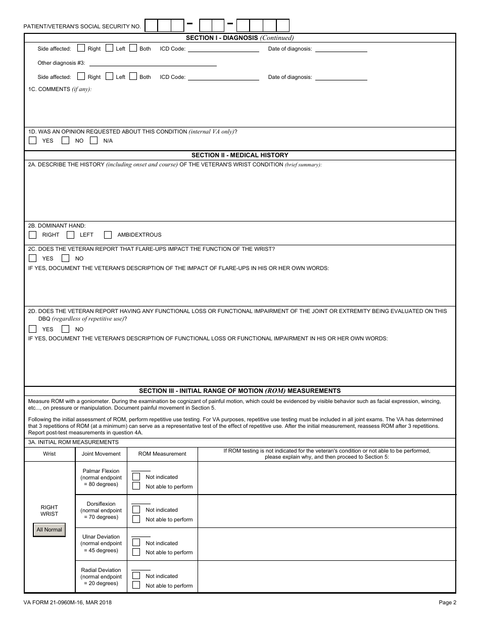 VA Form 21-0960M-16 Wrist Conditions Disability Benefits Questionnaire, Page 2