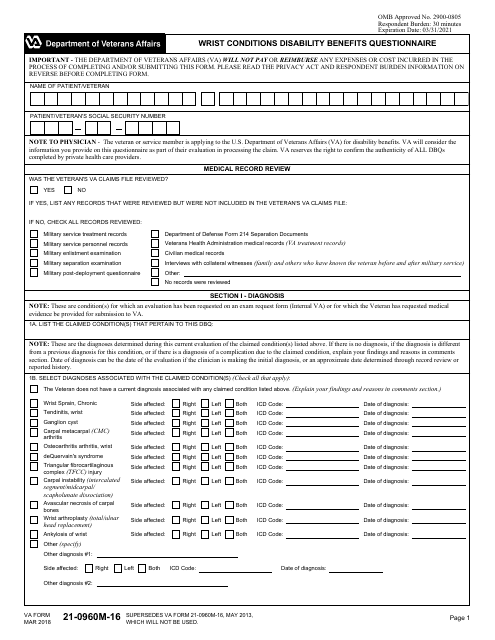 VA Form 21-0960M-16 Wrist Conditions Disability Benefits Questionnaire