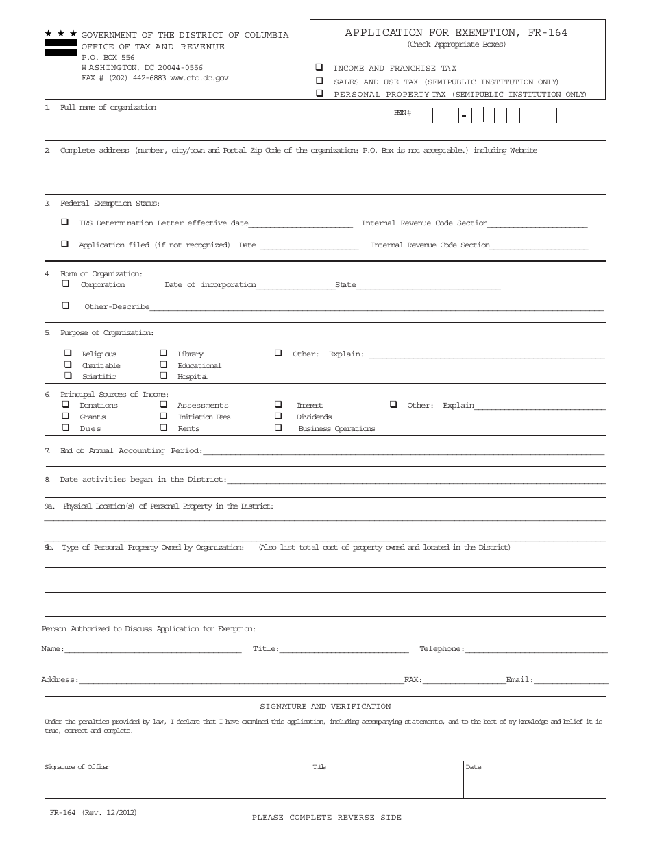 Form FR-164 Application for Exemption - Washington, D.C., Page 1
