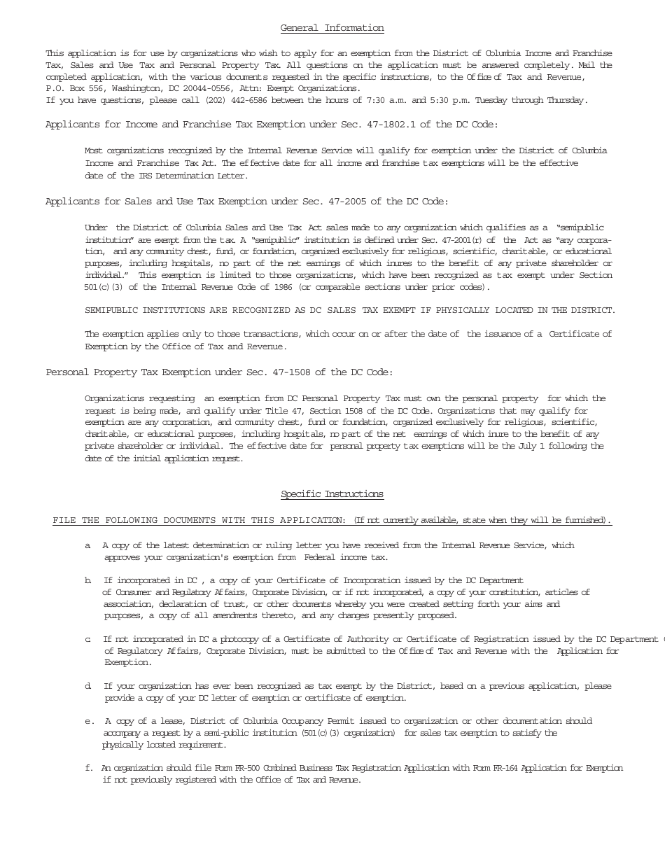 Form FR-164 Application for Exemption - Washington, D.C., Page 3