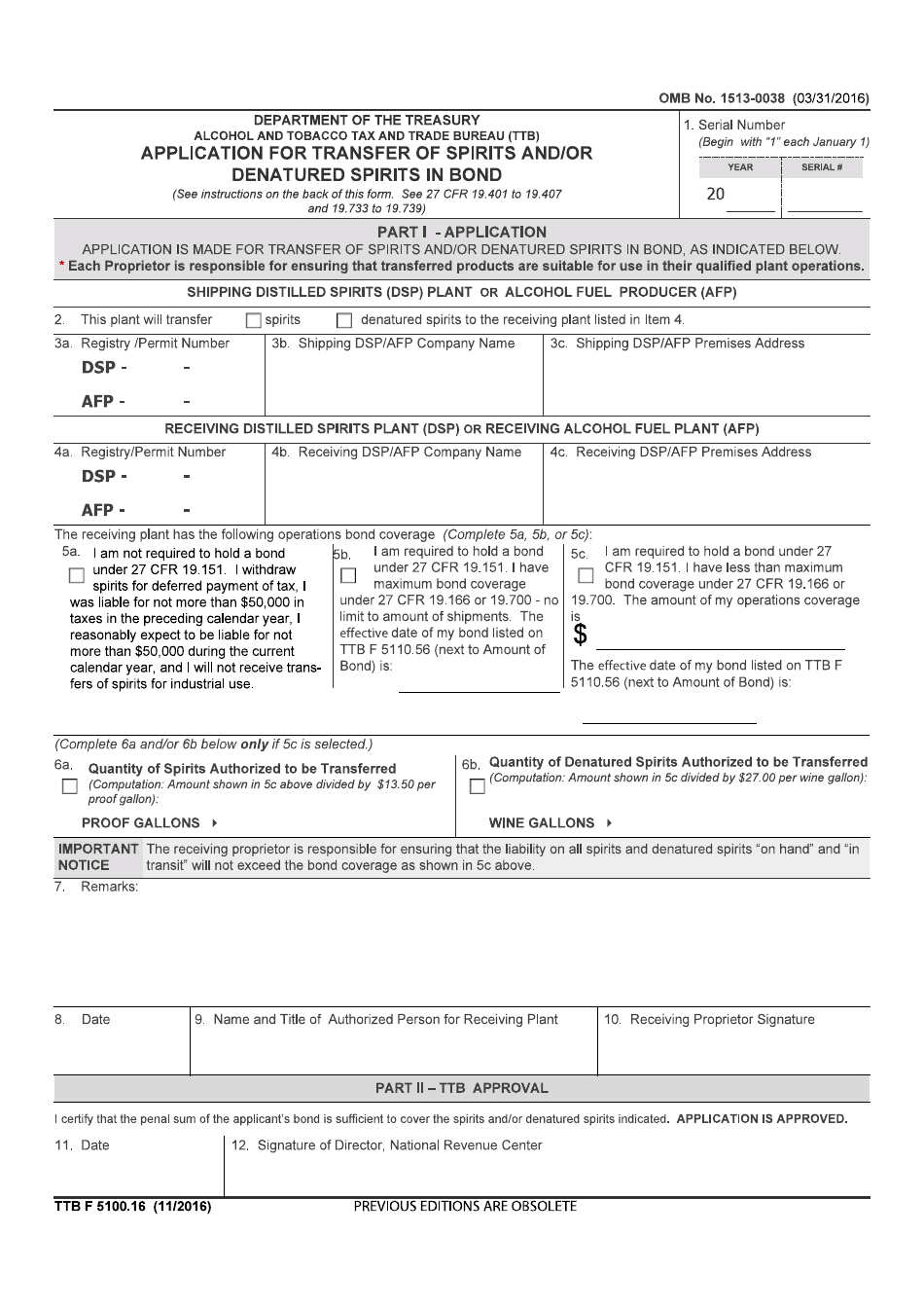TTB Form 5100.16 Application for Transfer of Spirits and / or Denatured Spirits in Bond, Page 1
